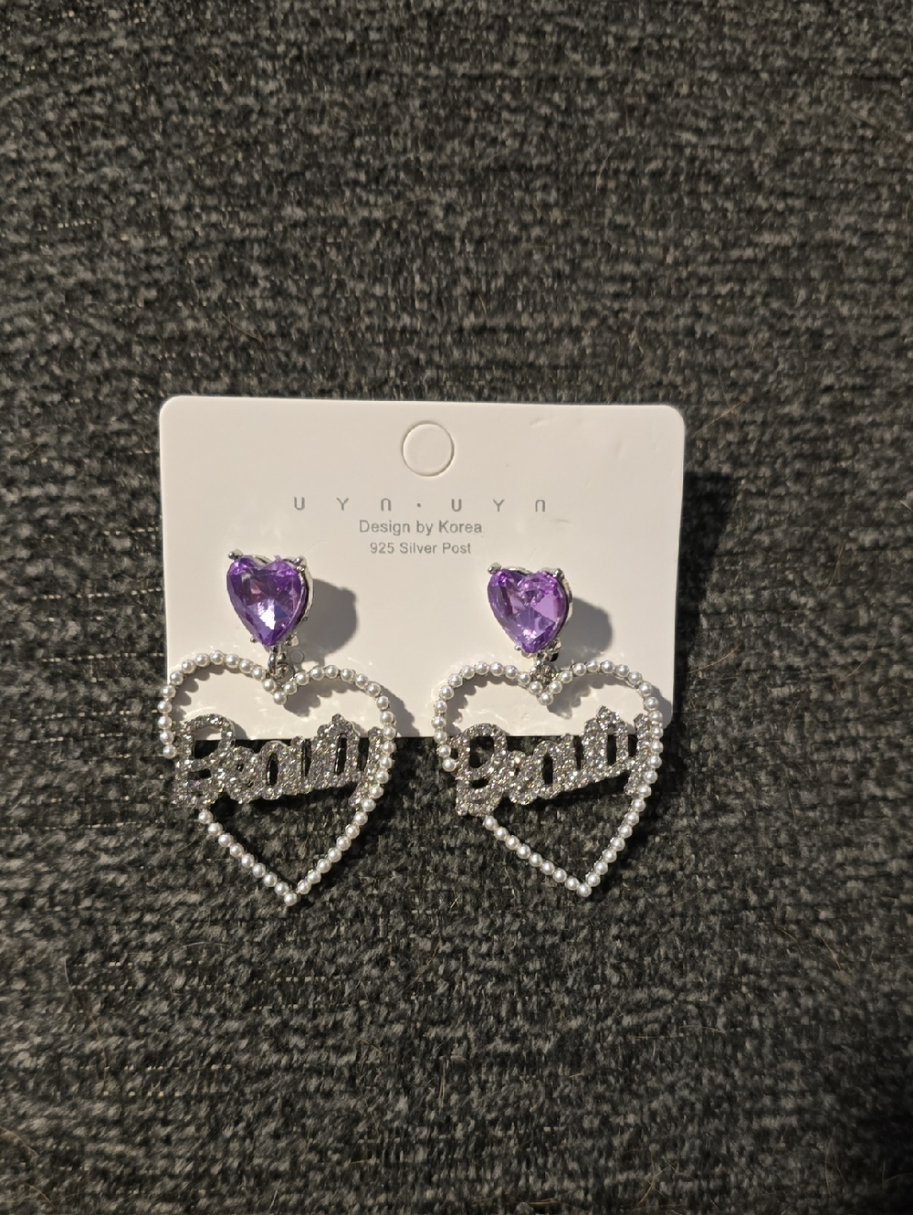 Purple Heart Silver Beaded Drop Earrings